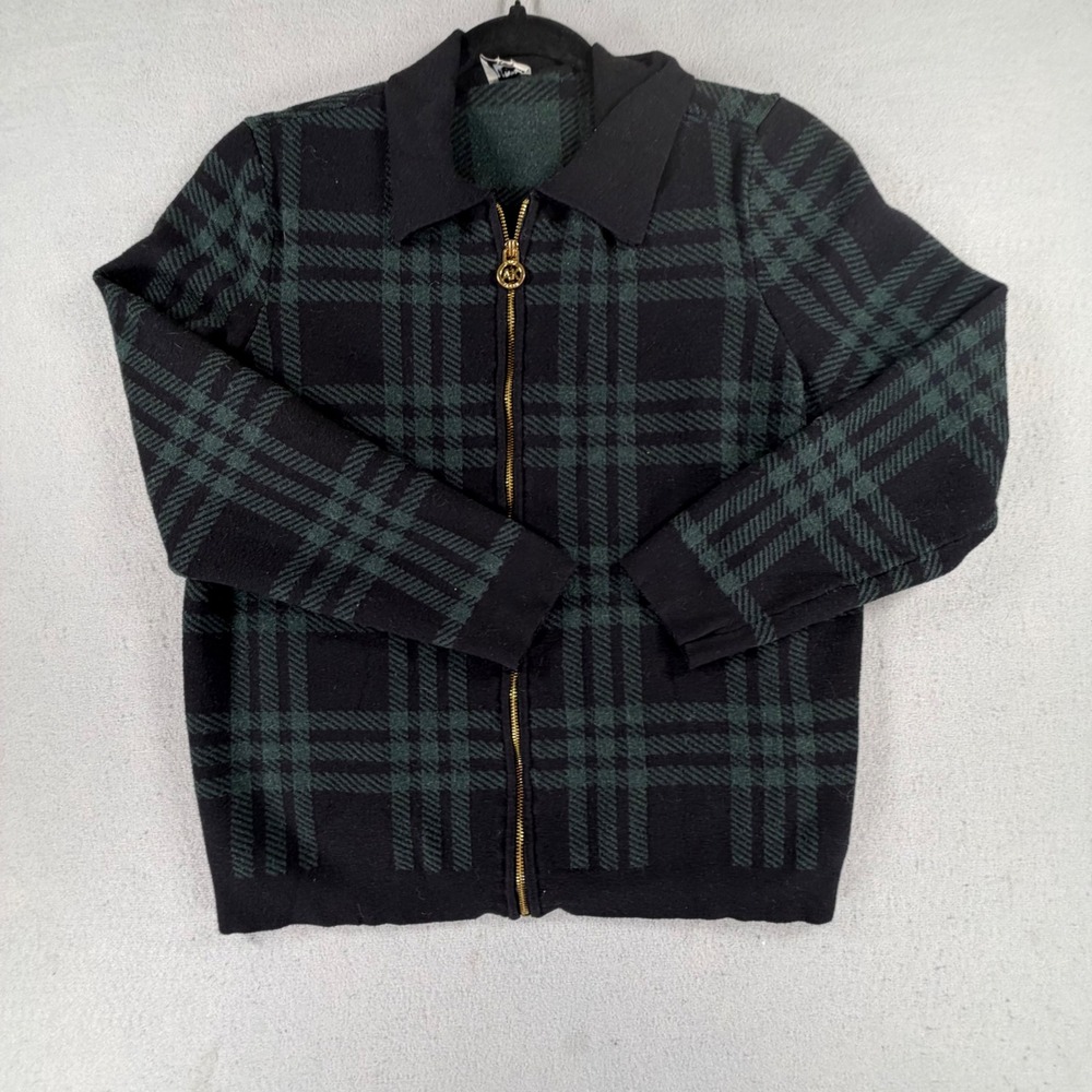 Anne Klein Women's S Green Black Plaid Full Zip Knit Cardigan Jacket Gold Tone